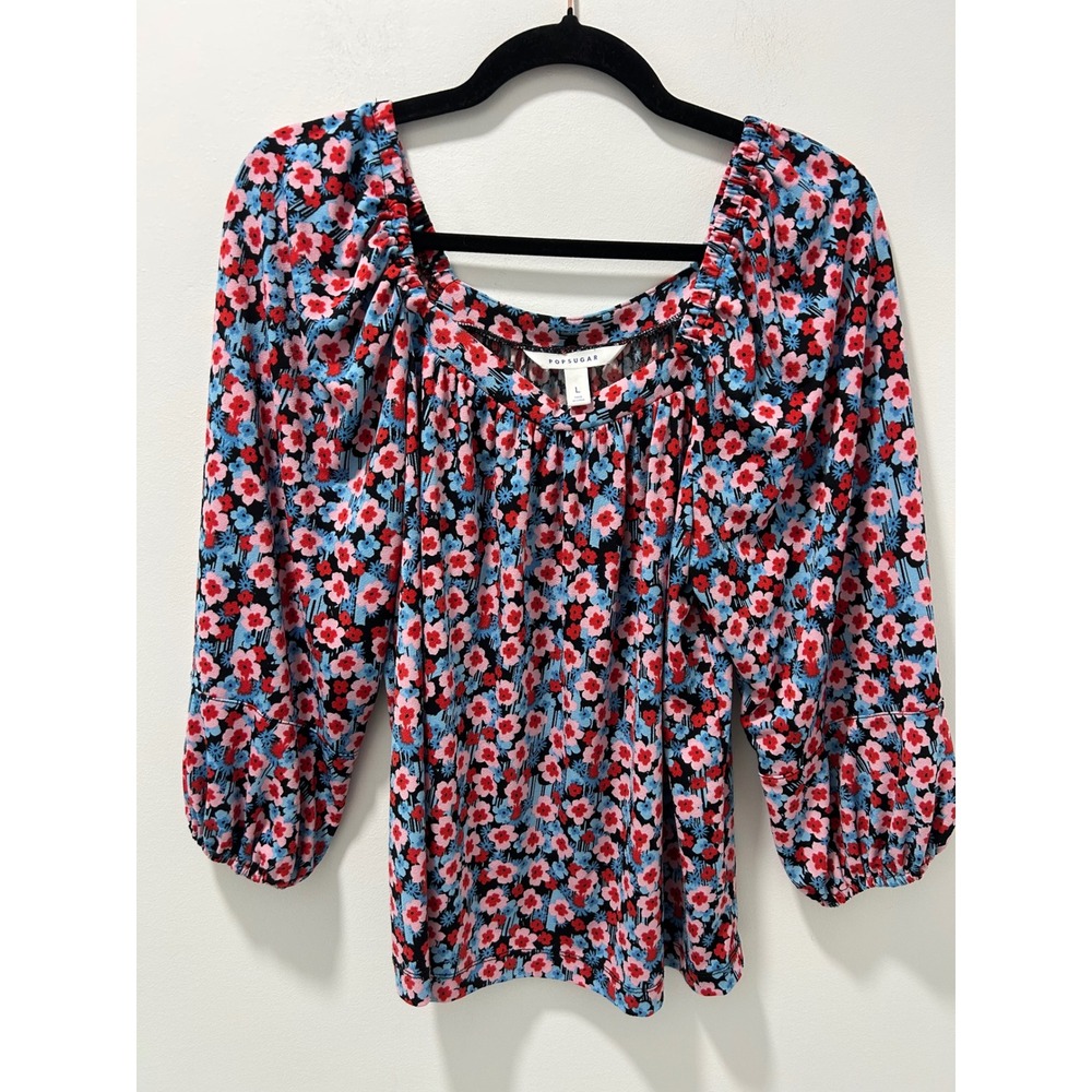 Popsugar Floral Square Neck Puff Sleeve Blouse Red Pink Blue Large